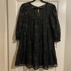 Speechless Black Sheer Floral Pattern Puff Long Sleeve Midi Layered Flare Dress